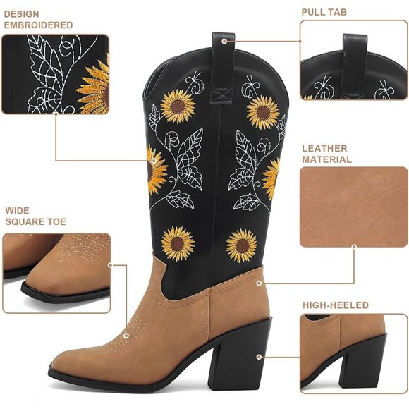 Nzzoo Western Boots Women Black Cowboy Wide Mid Calf Cowgirl Shoes - Picture 2 of 7